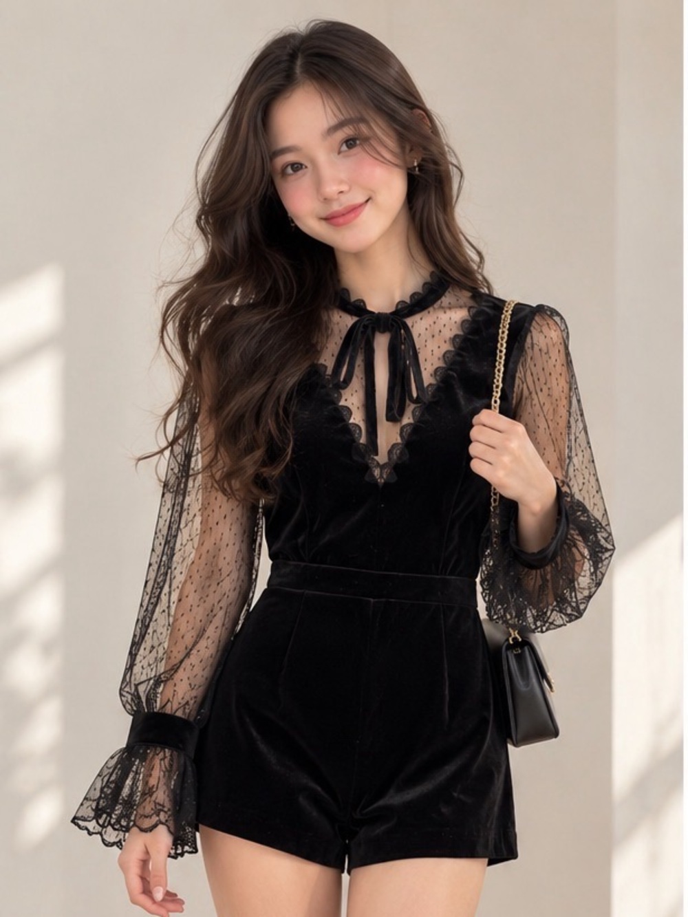 Endless Rose Black Velvet Romper with Sheer Lace Sleeves